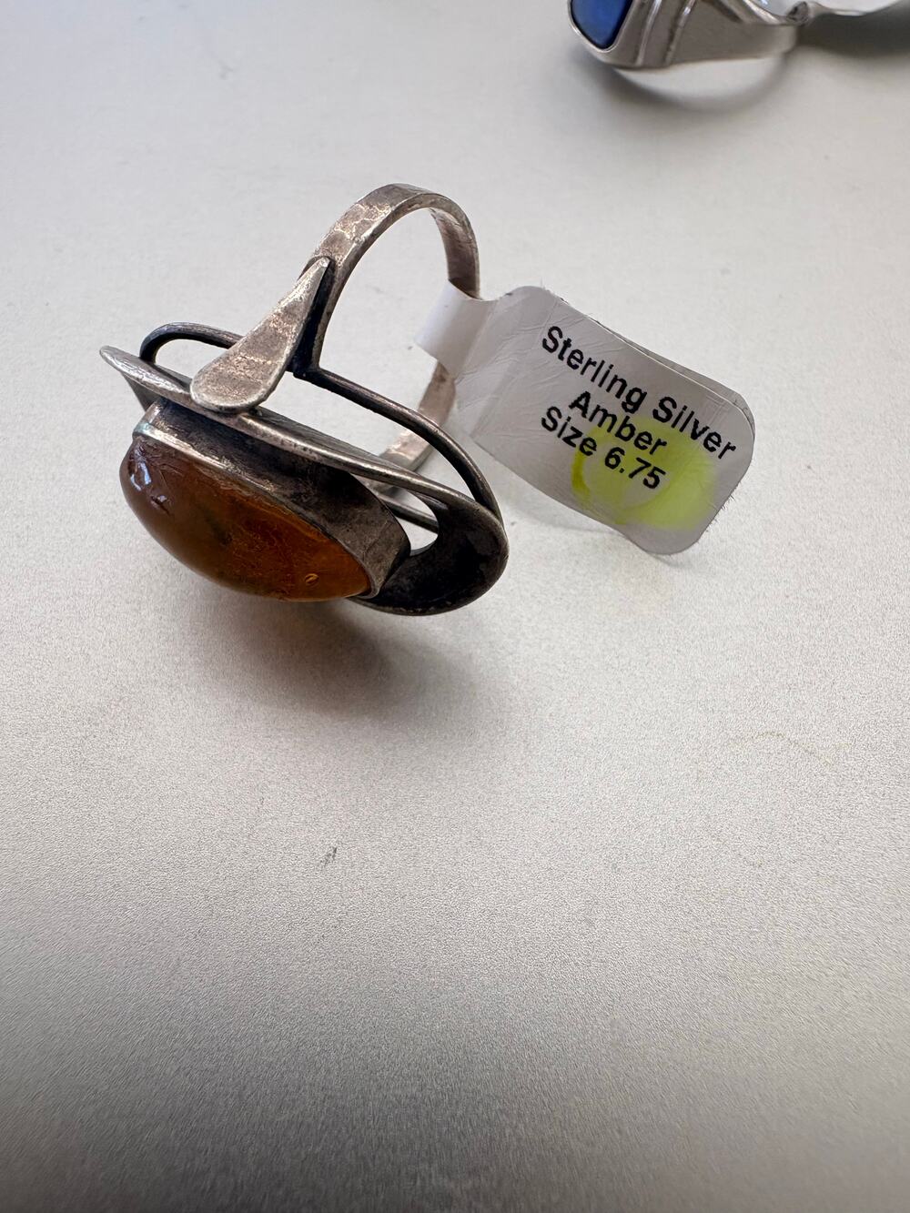 Vintage Sterling Silver Amber Modernist Ring Sculptural Split Shank Bezel Set Ca